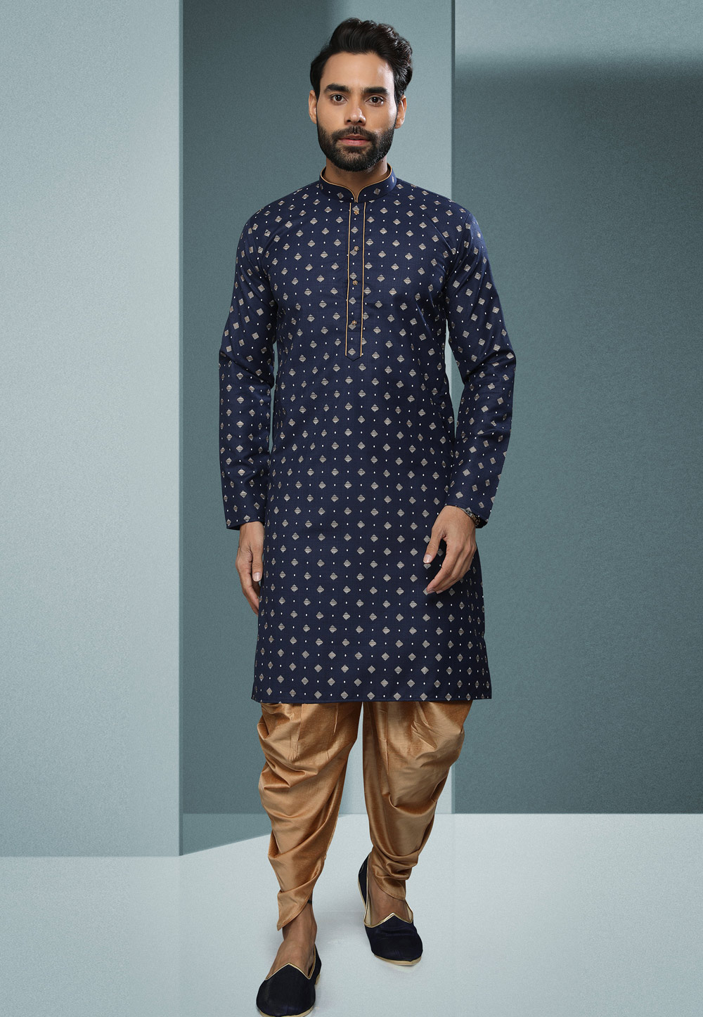 Navy Blue Cotton Dhoti Kurta 250264