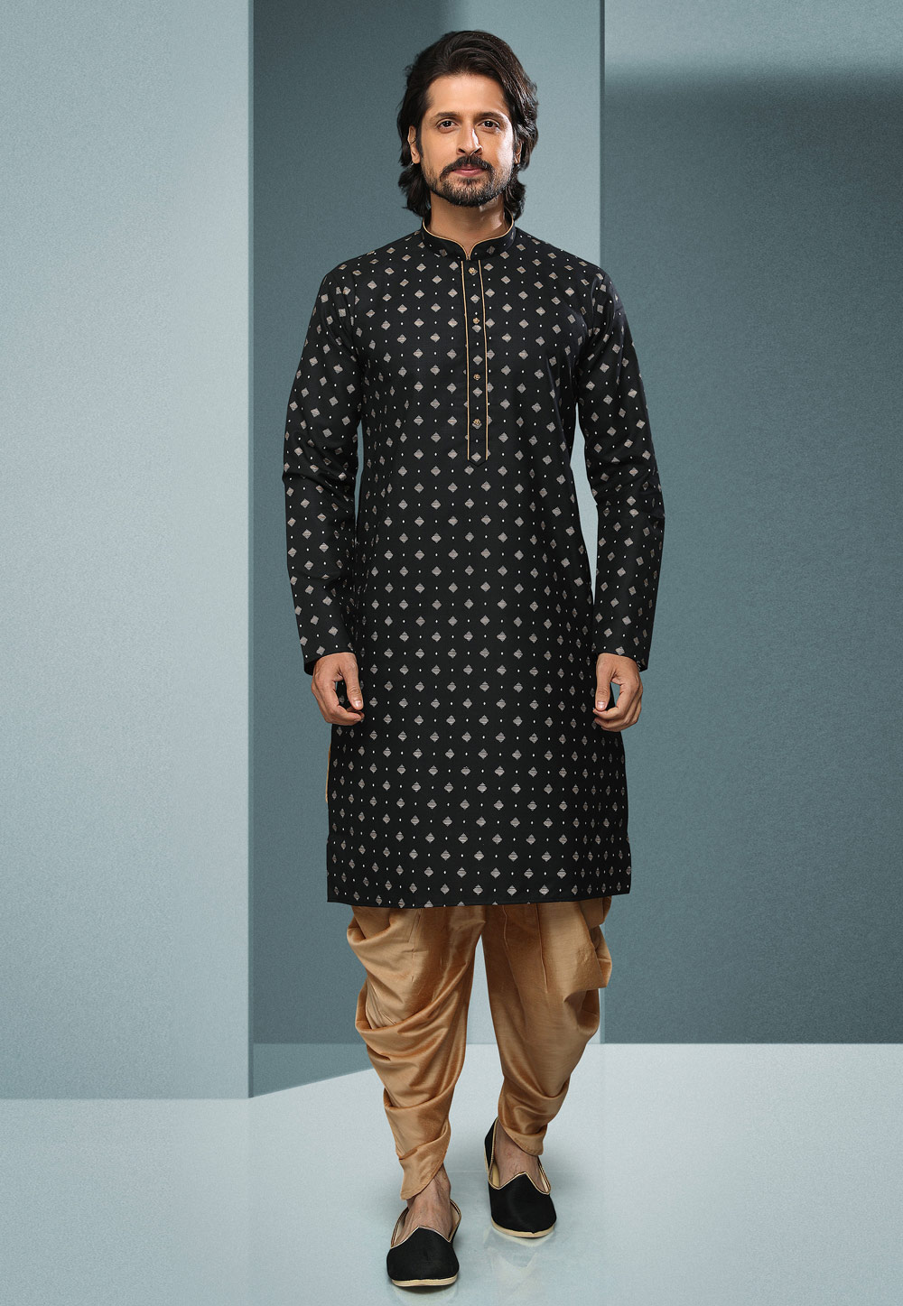 Black Cotton Dhoti Kurta 250265