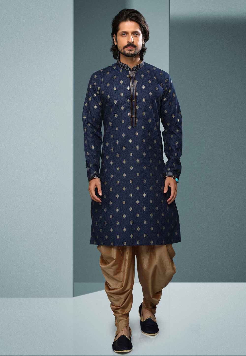 Navy Blue Cotton Dhoti Kurta 250272