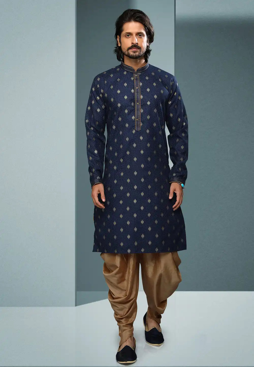 Navy Blue Cotton Dhoti Kurta 250272