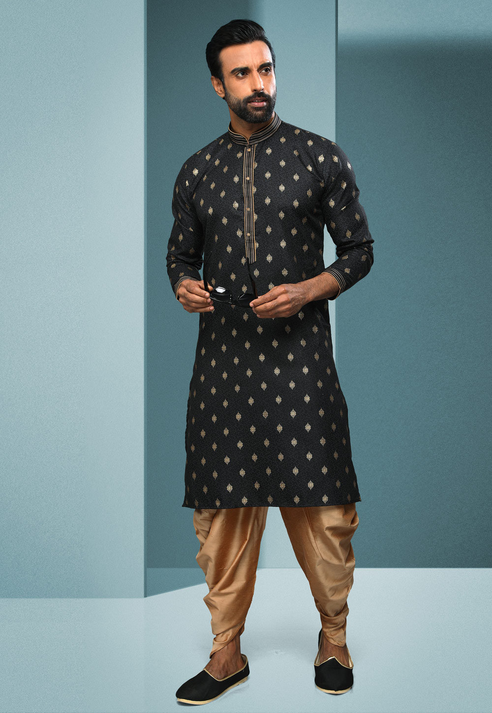 Black Cotton Dhoti Kurta 250273
