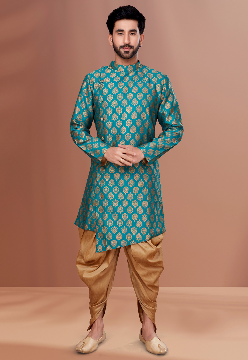 Sea Green Jacquard Indo Western Suit 257827