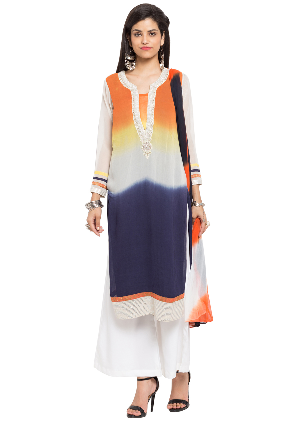 Off White Faux Georgette Readymade Palazzo Suit 230327