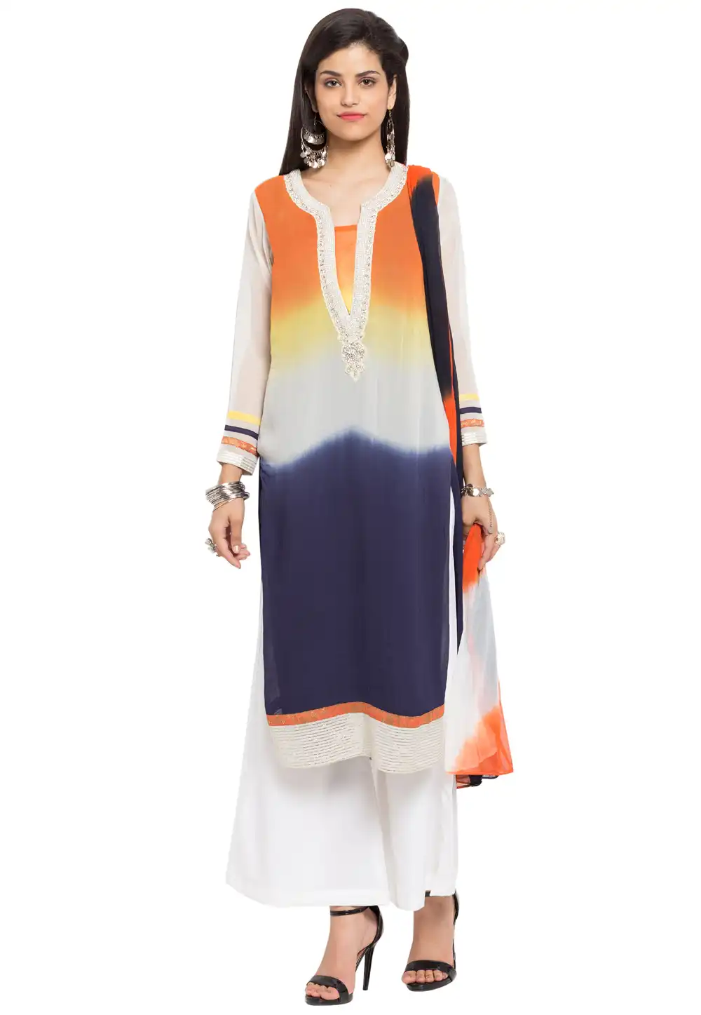 Off White Faux Georgette Readymade Palazzo Suit 230327