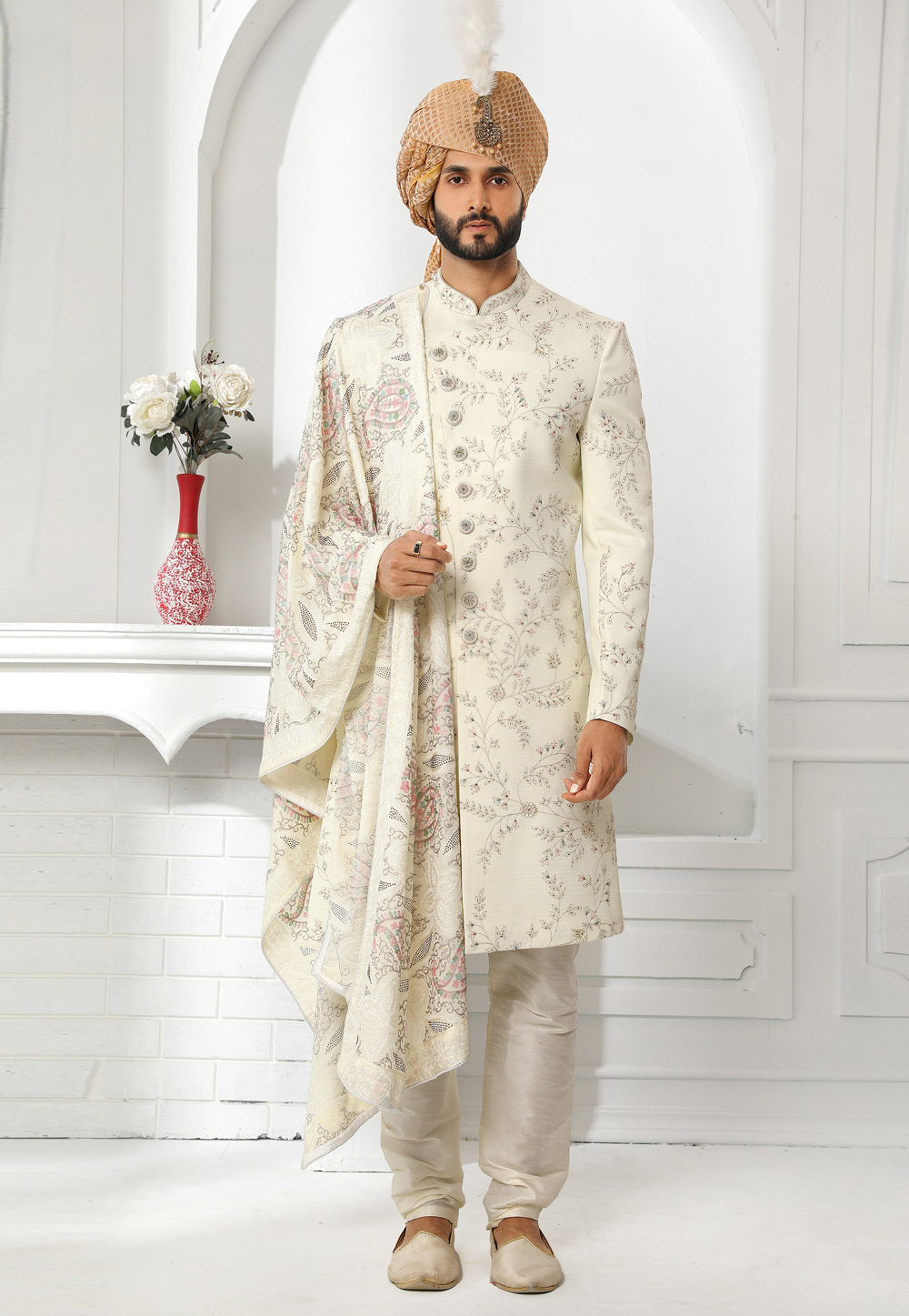 Cream Art Silk Indo Western Sherwani 250595