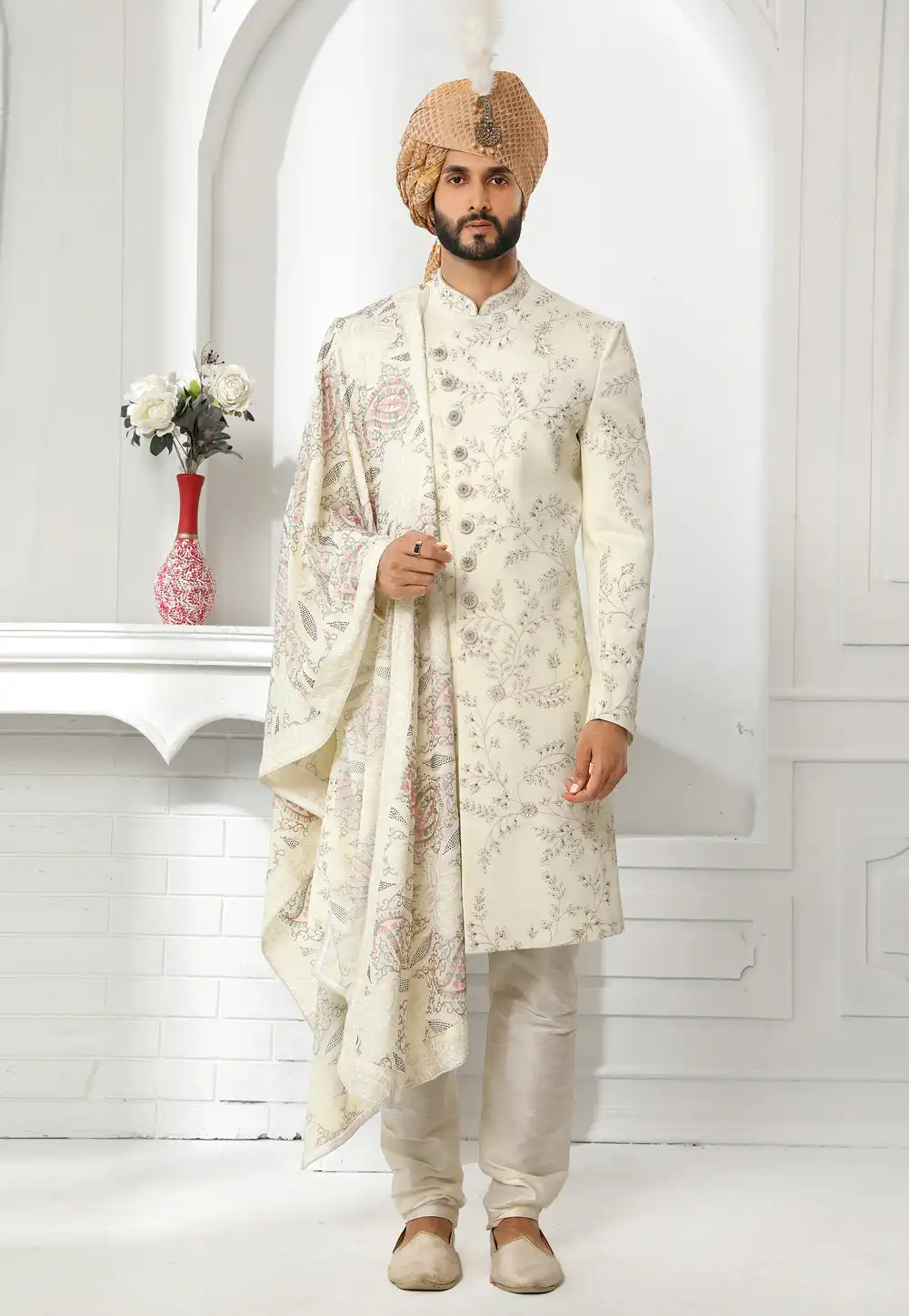 Cream Art Silk Indo Western Sherwani 250595