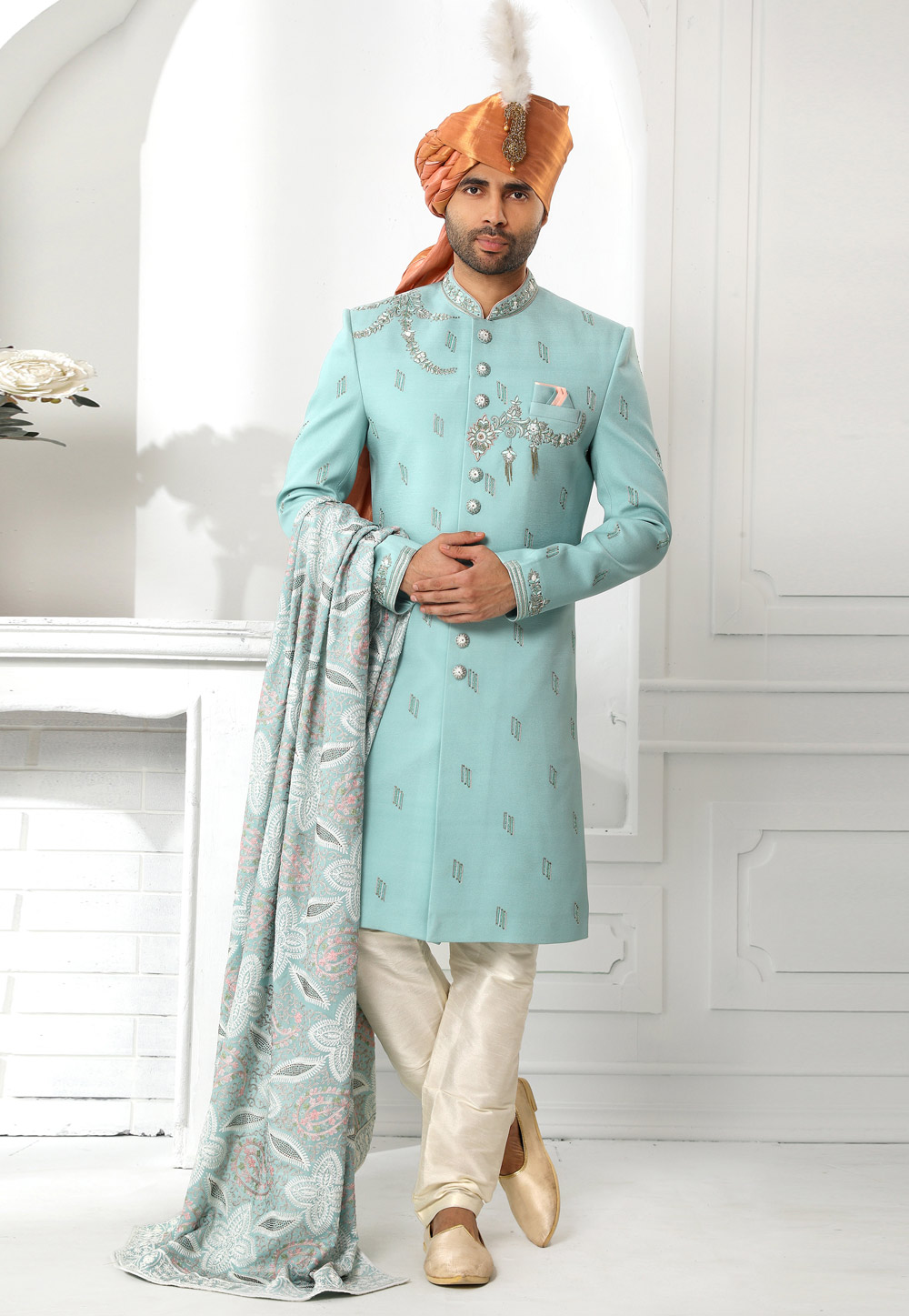 Sky Blue Art Silk Indo Western Sherwani 250596