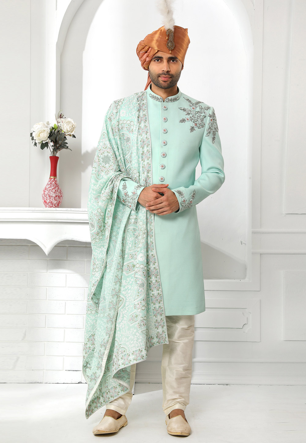 Sky Blue Art Silk Indo Western Sherwani 250598