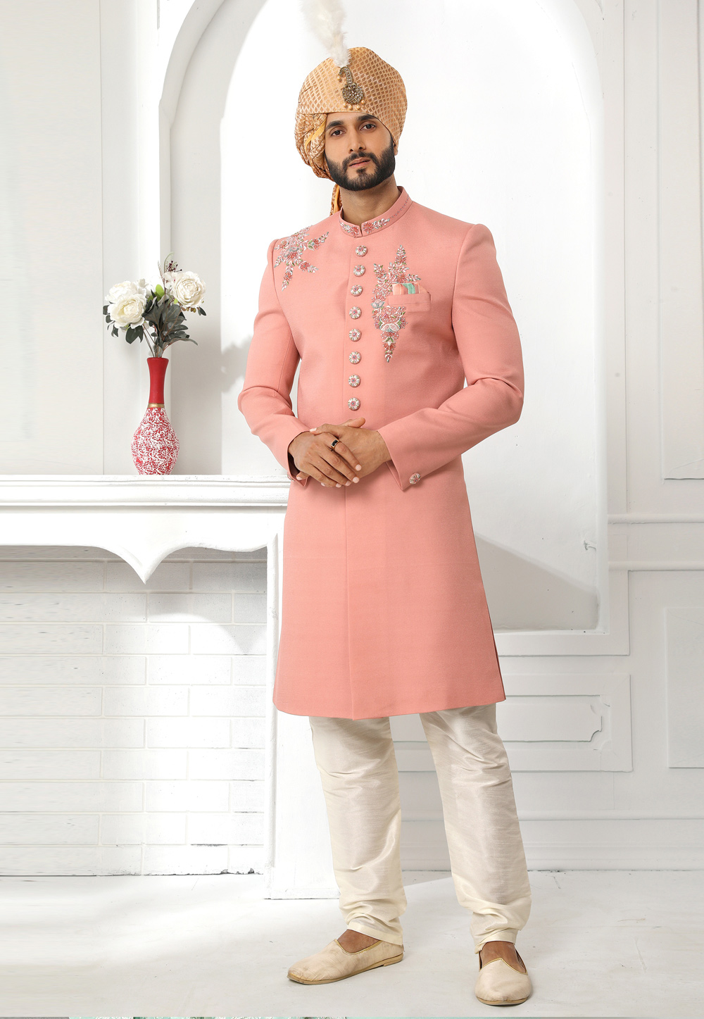 Peach Art Silk Indo Western Sherwani 250599