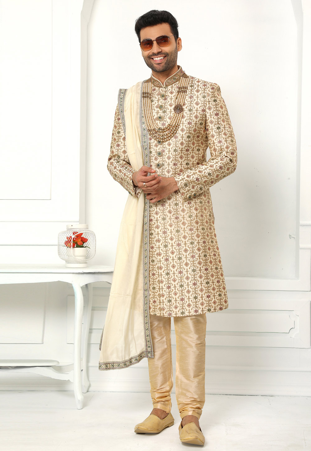 Cream Art Silk Indo Western Sherwani 250602