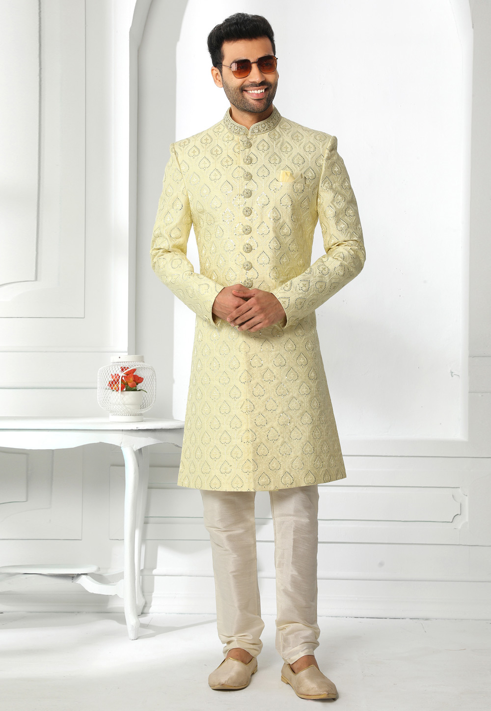Yellow Art Silk Indo Western Sherwani 250607