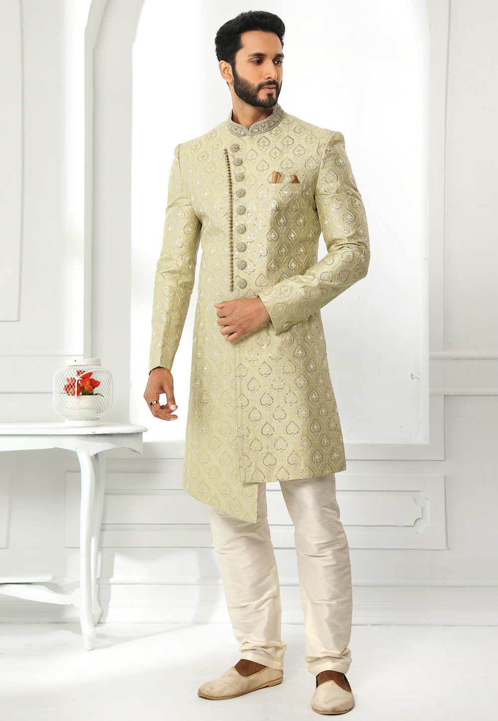 Light Green Art Silk Indo Western Sherwani 250610