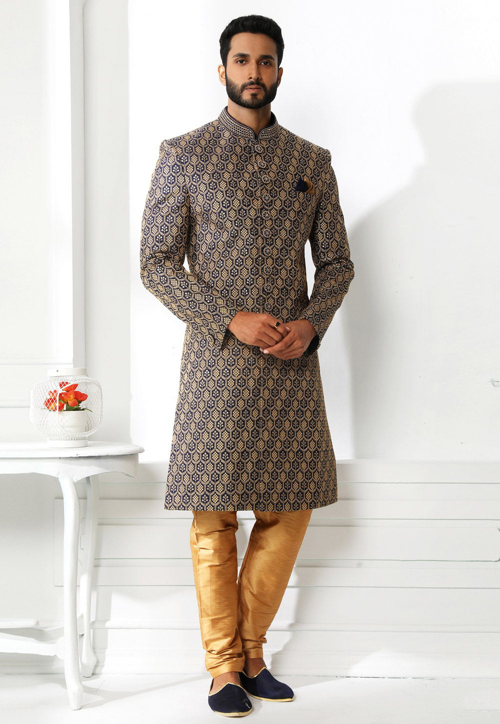 Navy Blue Art Silk Indo Western Sherwani 250614