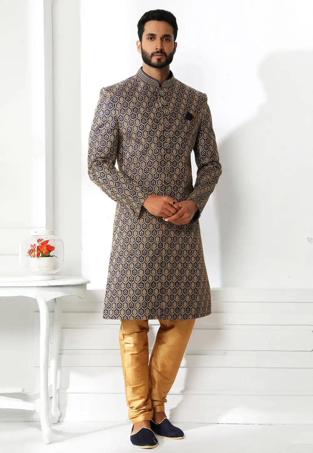 Navy Blue Art Silk Indo Western Sherwani 250614