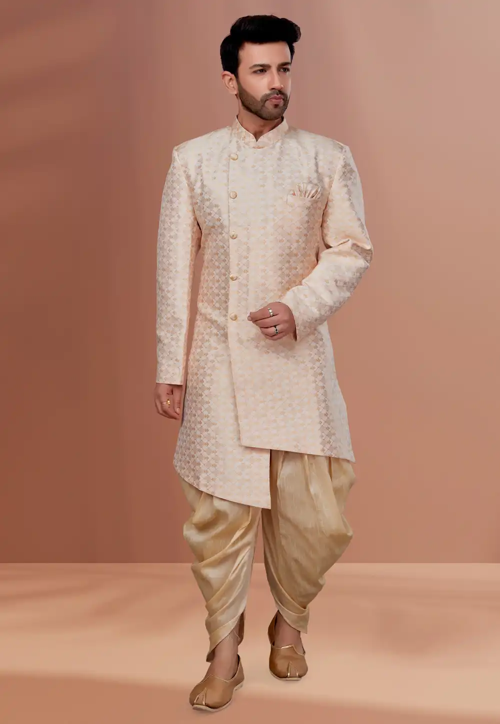 Cream Jacquard Indo Western Suit 257831