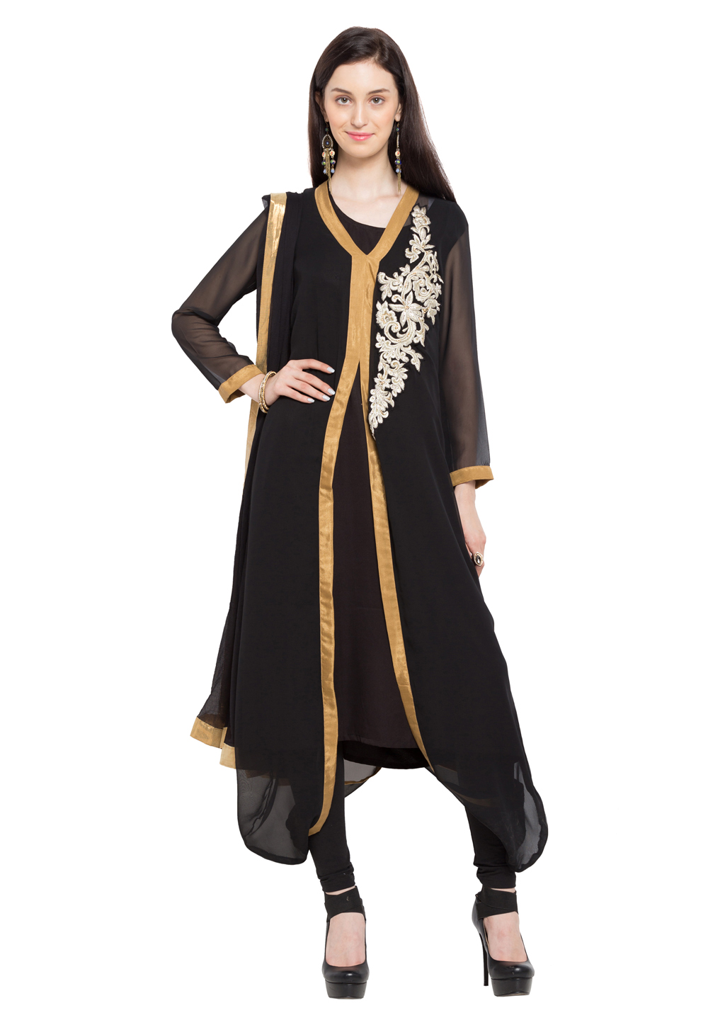 Black Faux Georgette Readymade Churidar Suit 230328