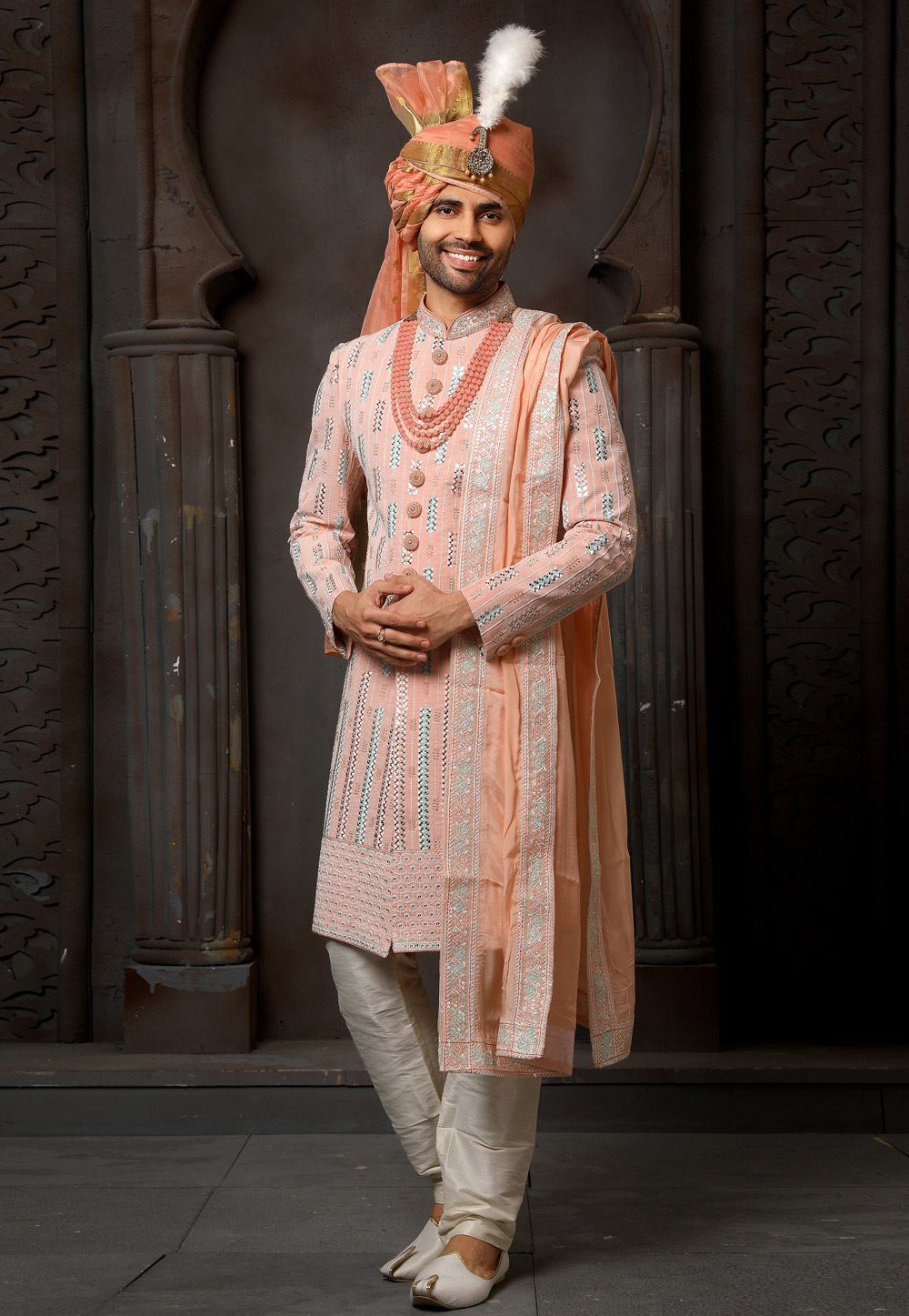 Peach Georgette Indo Western Sherwani 250995