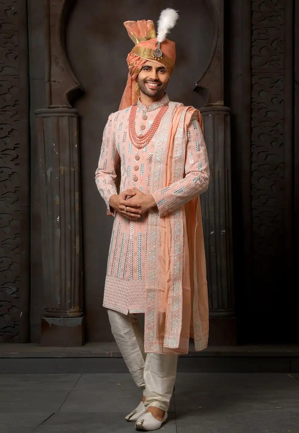 Peach Georgette Indo Western Sherwani 250995