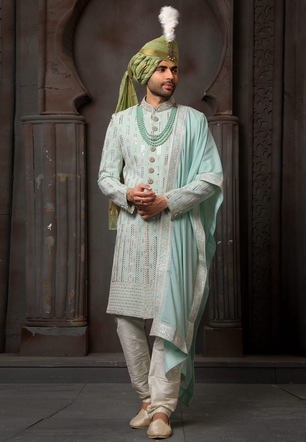 Pista Green Georgette Indo Western Sherwani 250996