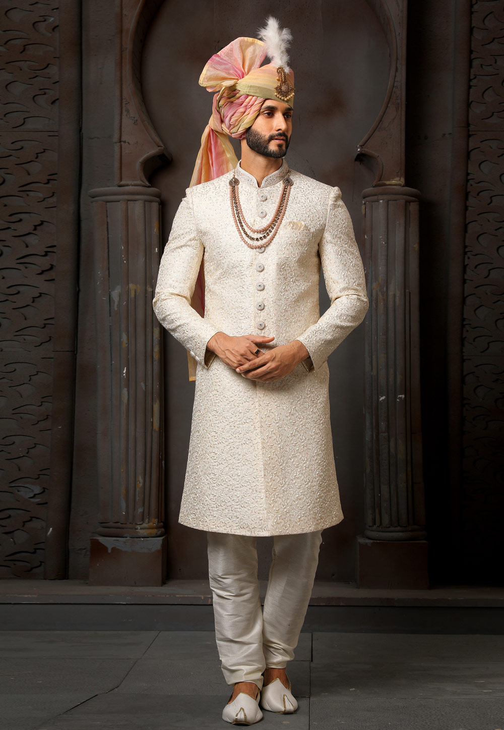 Cream Art Silk Indo Western Sherwani 251001