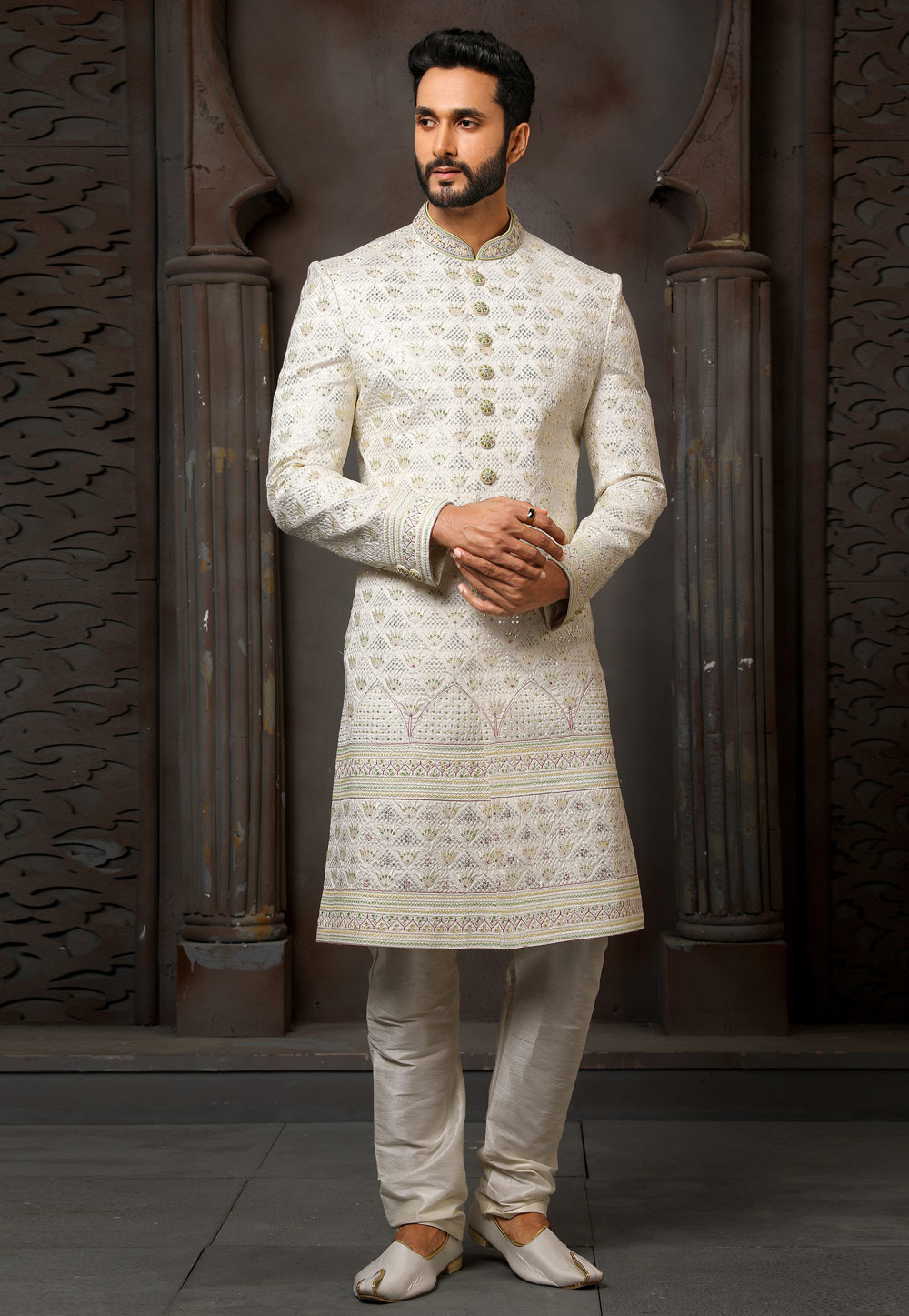 Cream Art Silk Indo Western Sherwani 251004