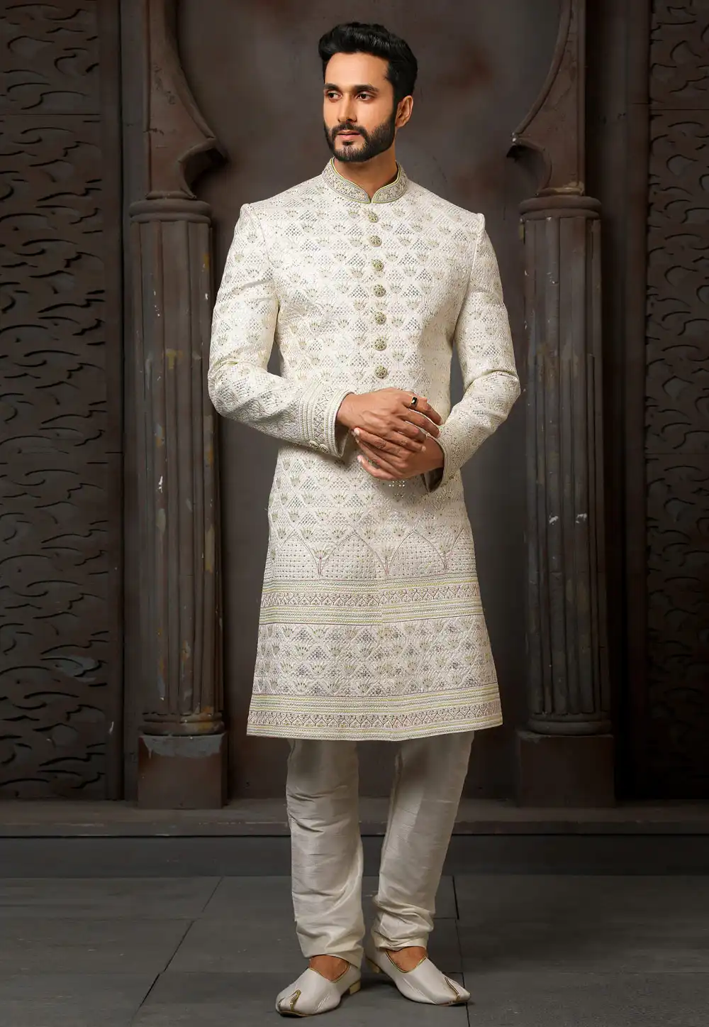 Cream Art Silk Indo Western Sherwani 251004