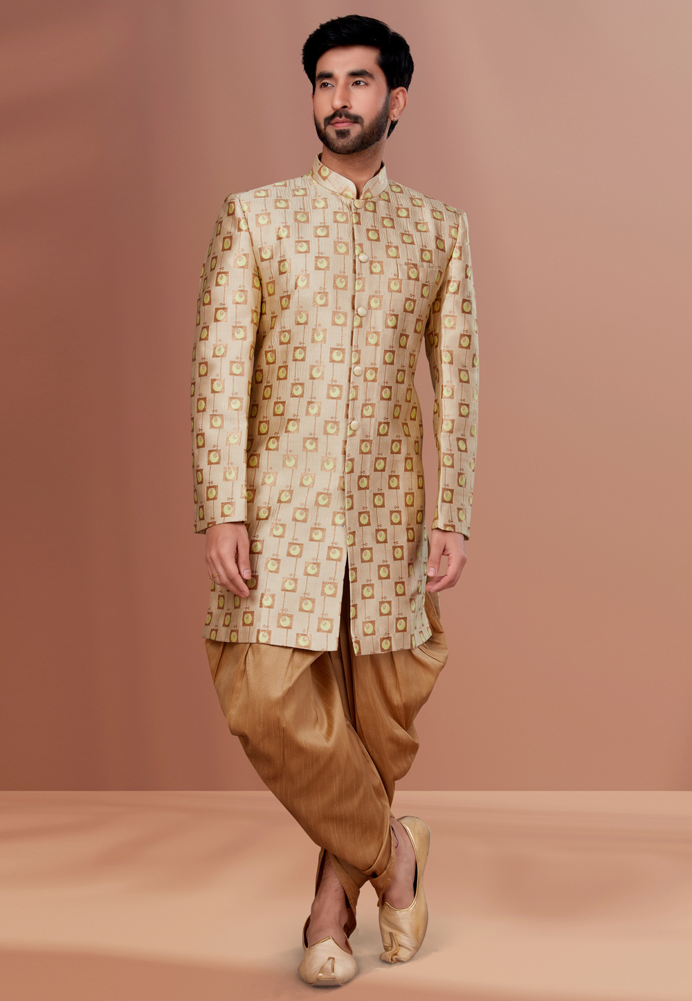 Beige Jacquard Indo Western Suit 257834