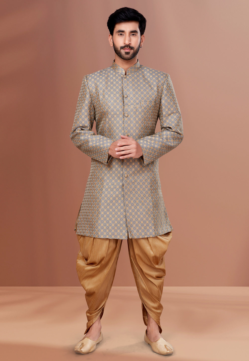 Grey Jacquard Indo Western Suit 257836