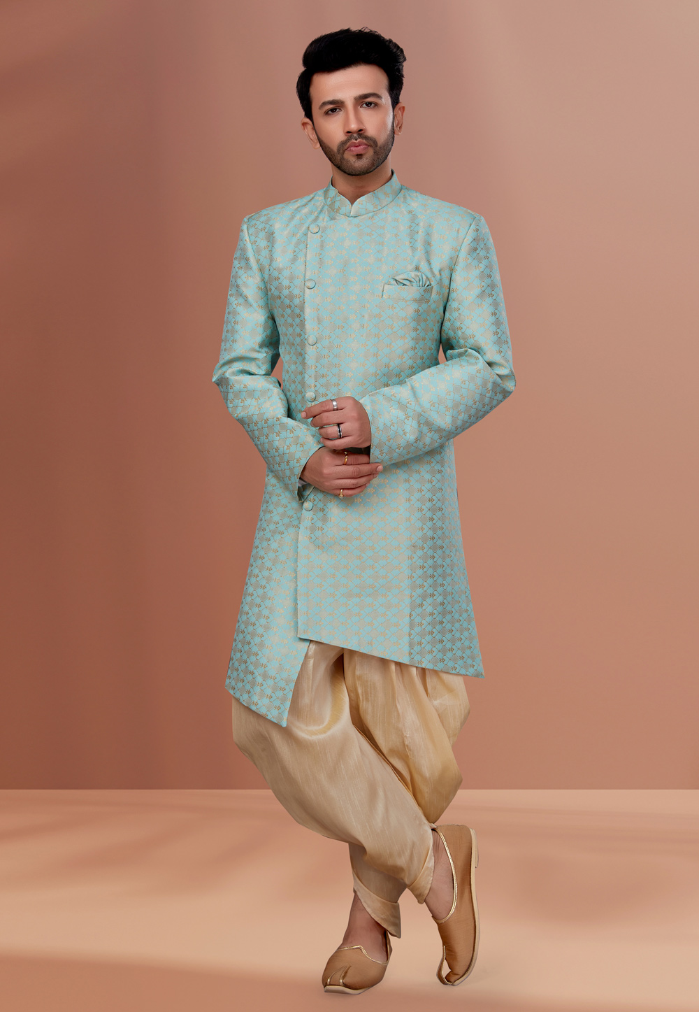 Aqua Jacquard Indo Western Suit 257837