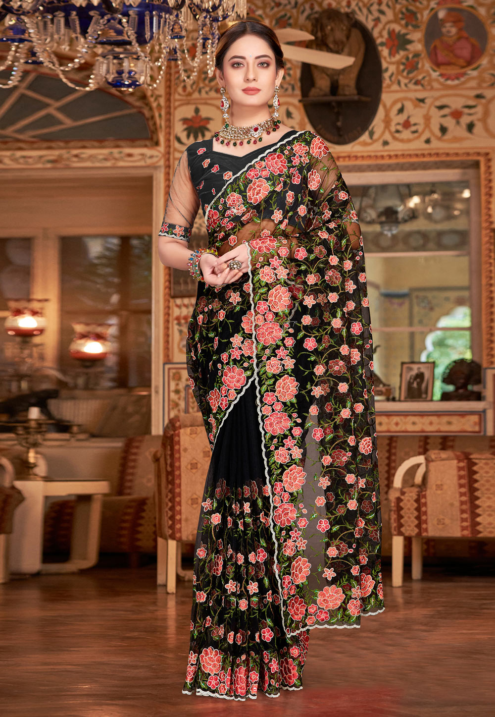 Black Net Saree With Blouse 252339