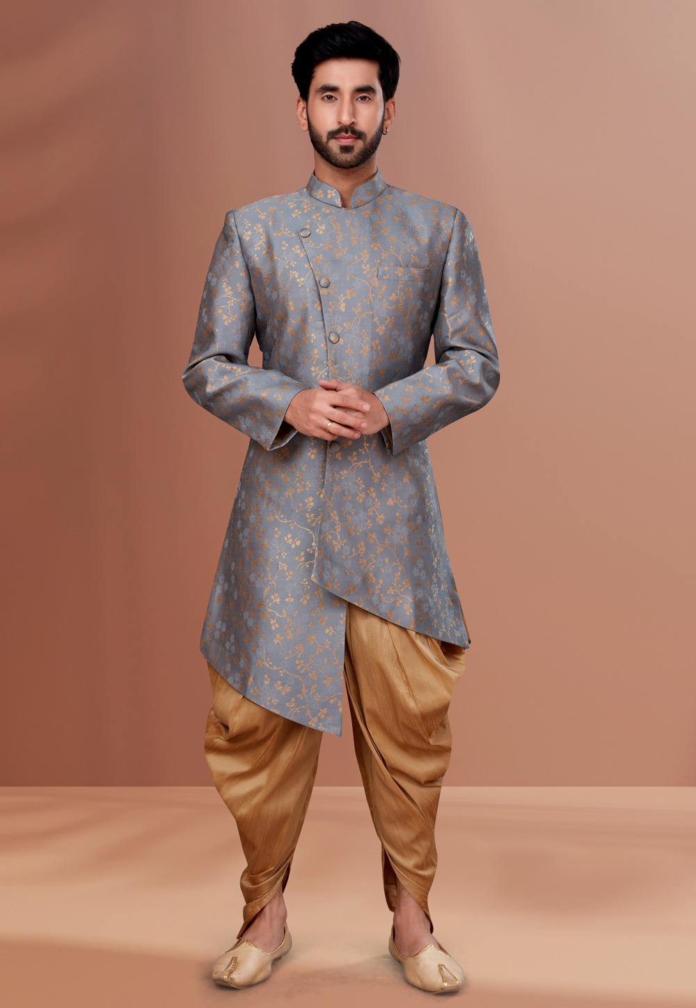 Grey Jacquard Indo Western Suit 257838