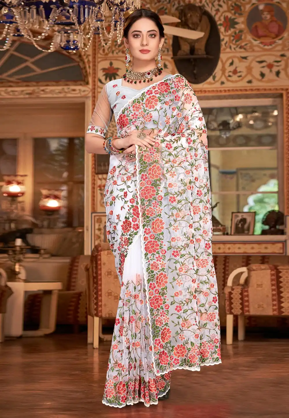 White Net Saree With Blouse 252340