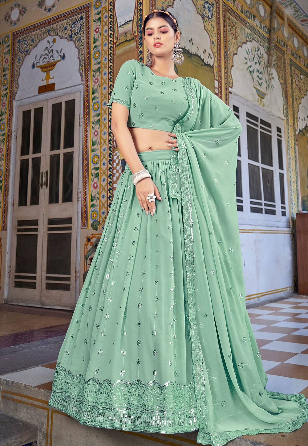 Sea Green Georgette Circular Lehenga Choli  252731
