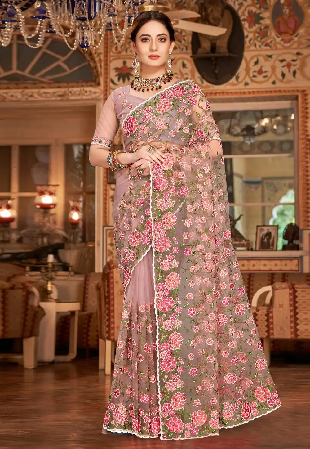 Pink Net Saree With Blouse 252341
