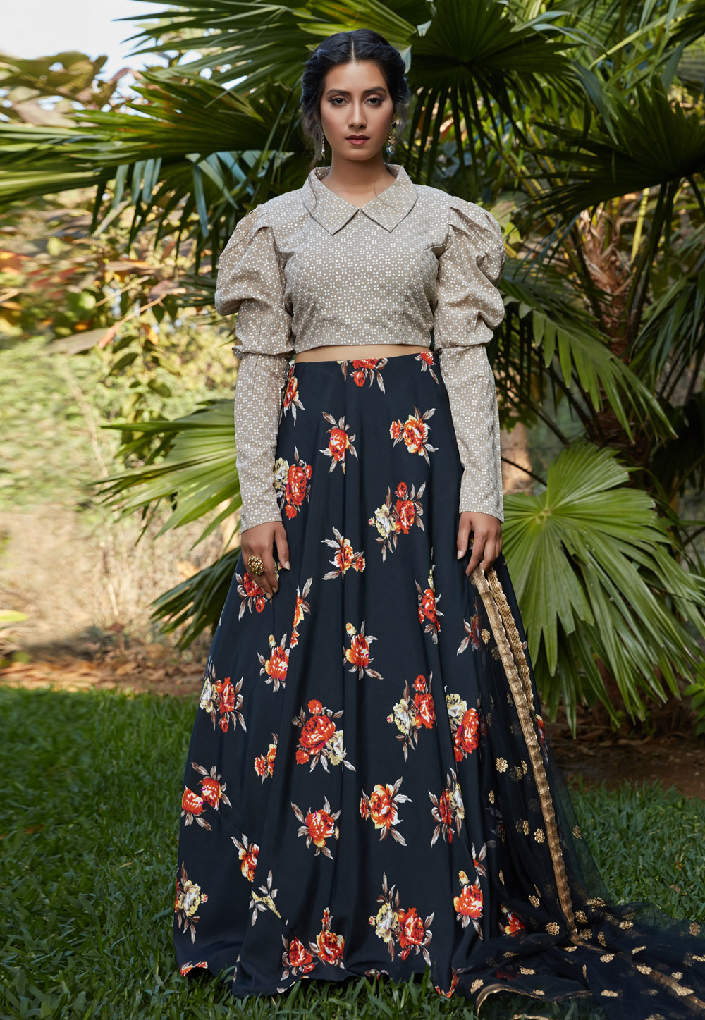 Blue Silk Floral Crop Top Lehenga Choli 217406