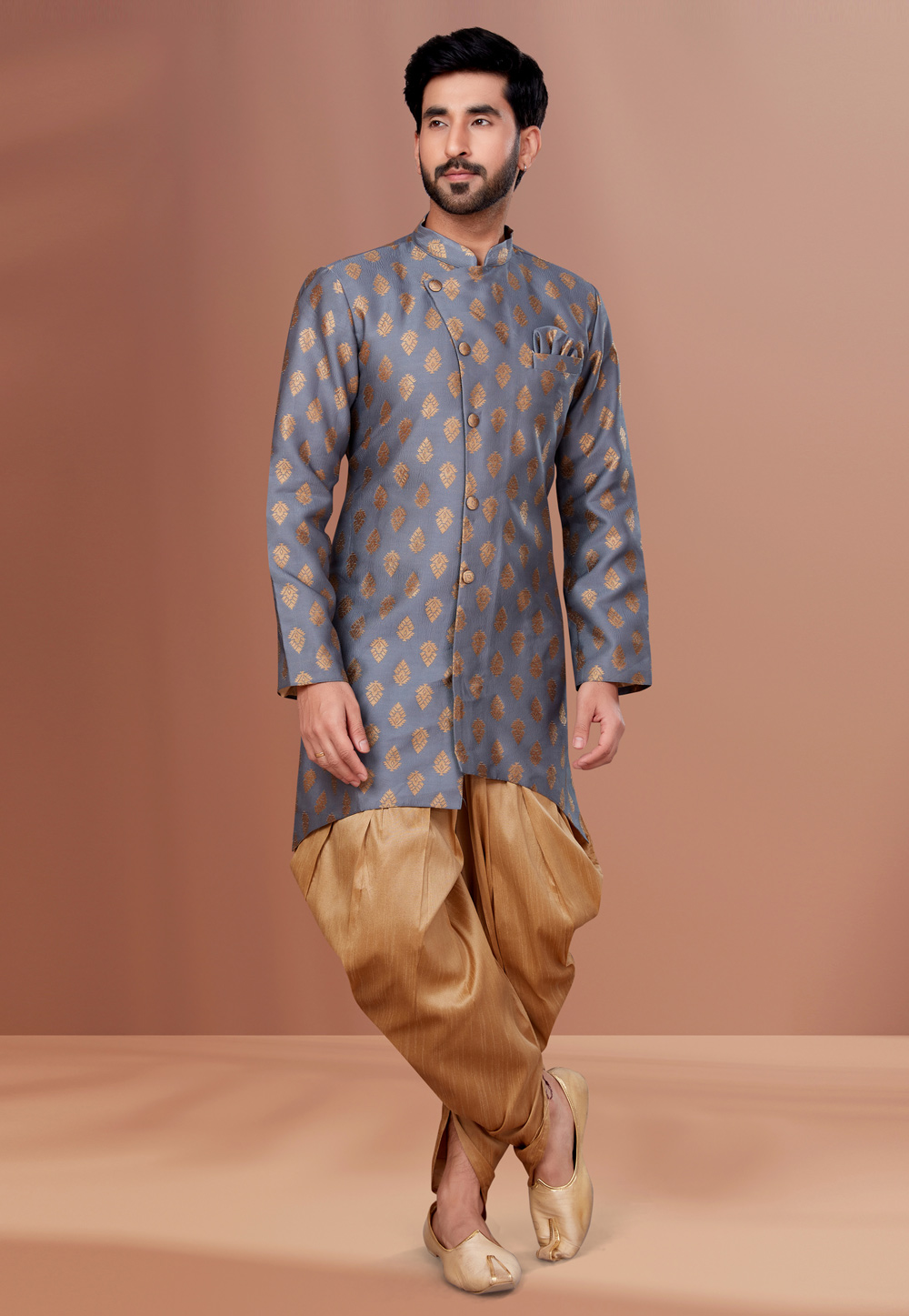 Grey Jacquard Indo Western Suit 257840