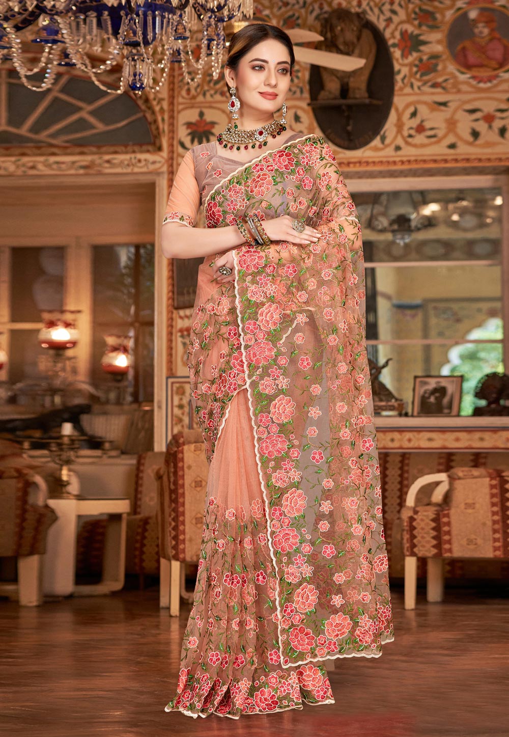 Peach Net Saree With Blouse 252342