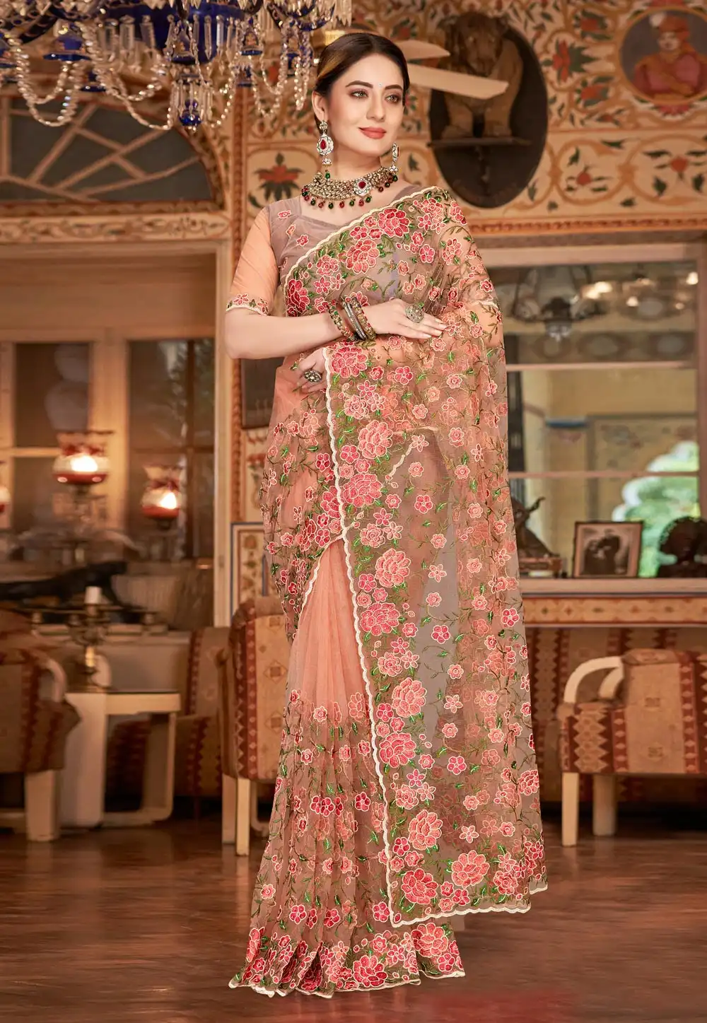 Peach Net Saree With Blouse 252342