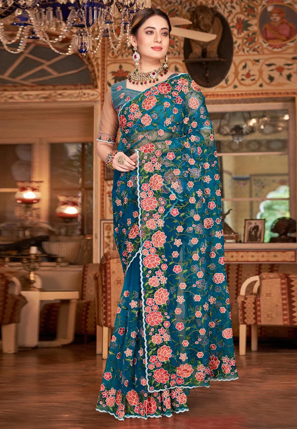 Teal Net Saree With Blouse 252343