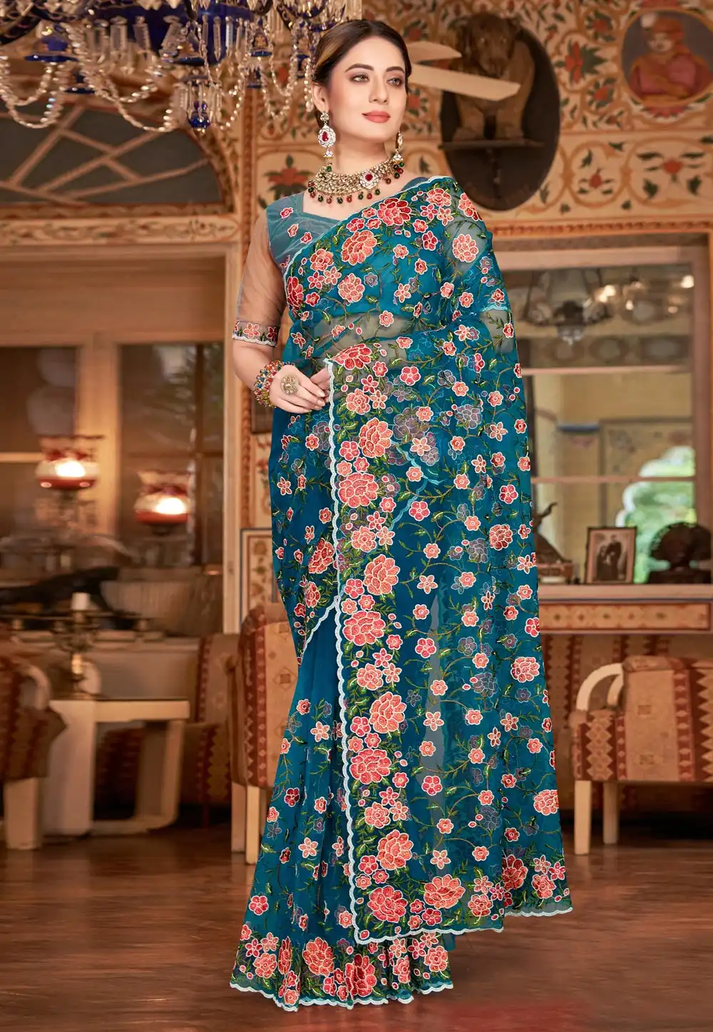 Teal Net Saree With Blouse 252343