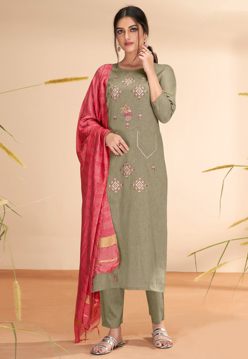 Mehndi Cotton Readymade Pant Style Suit 239857