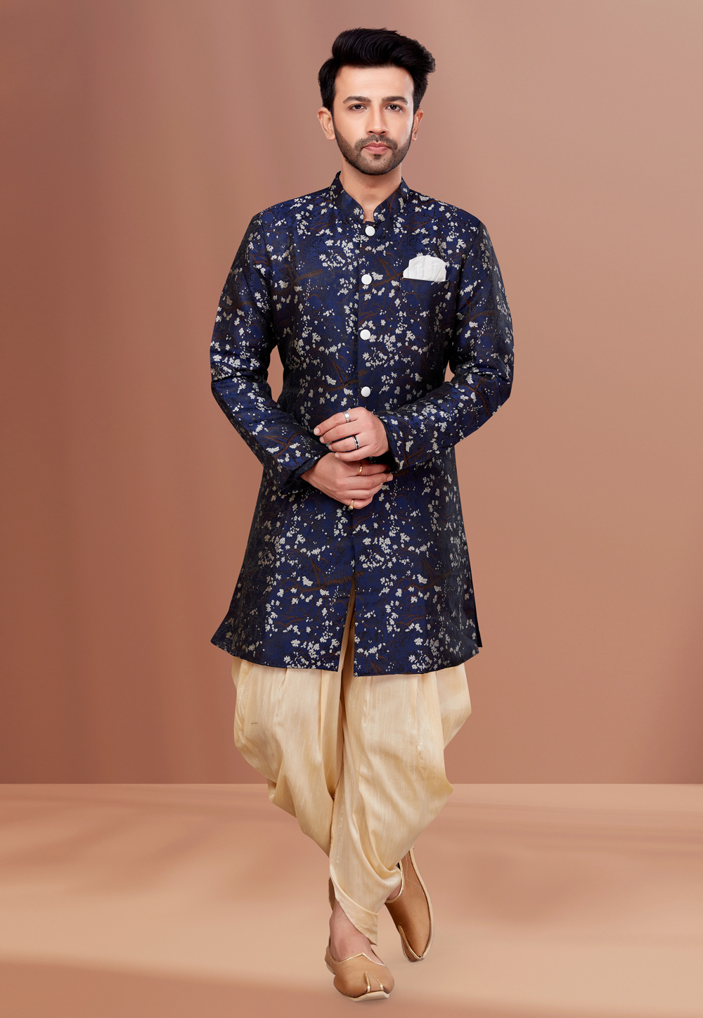 Navy Blue Jacquard Indo Western Suit 257846