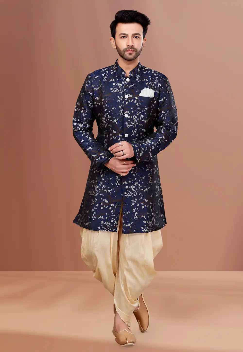 Navy Blue Jacquard Indo Western Suit 257846