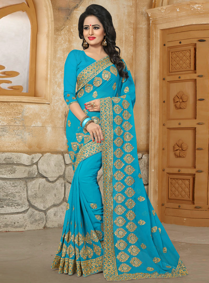 Sky Blue Georgette Festival Wear Saree 126355