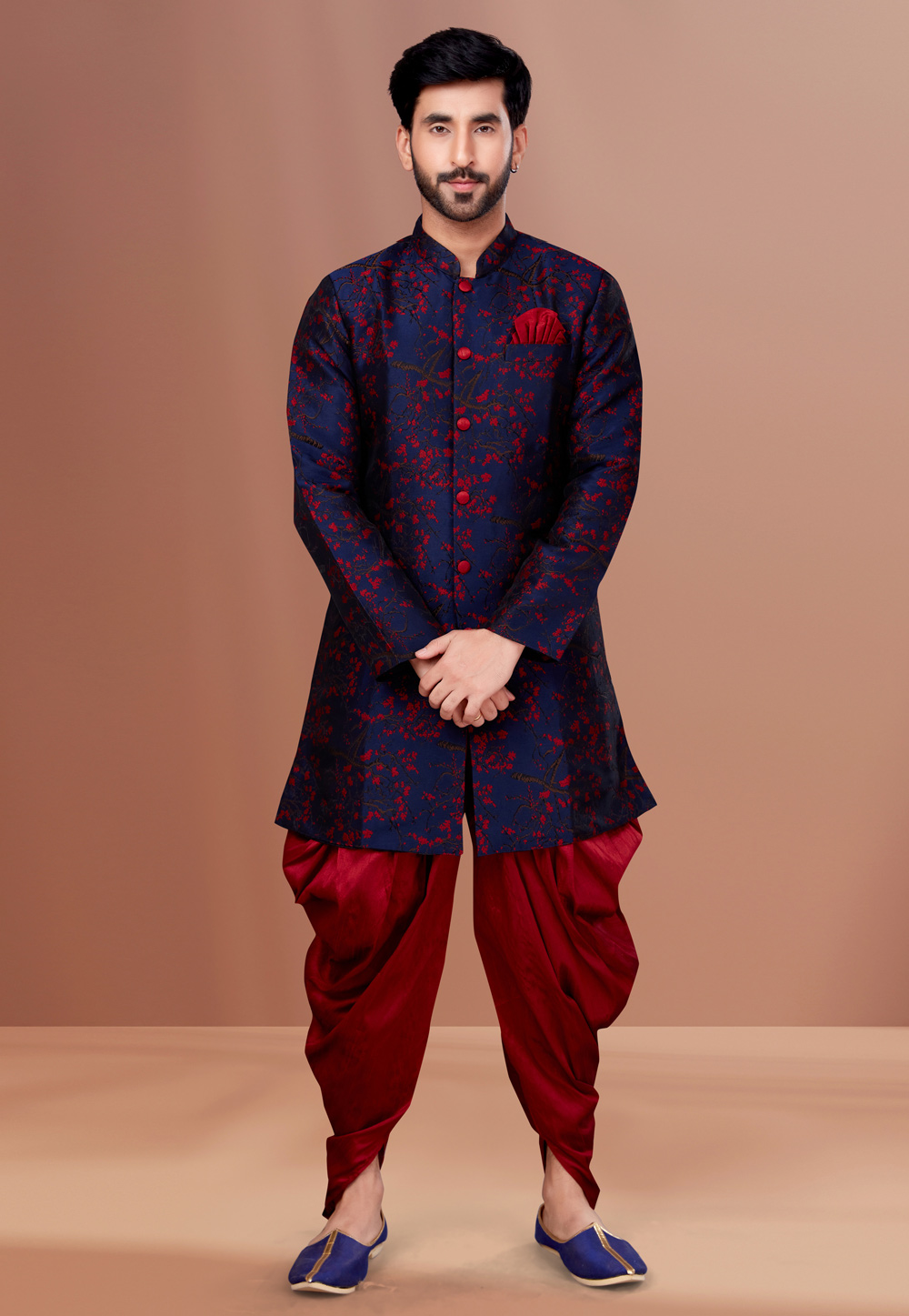 Navy Blue Jacquard Indo Western Suit 257847