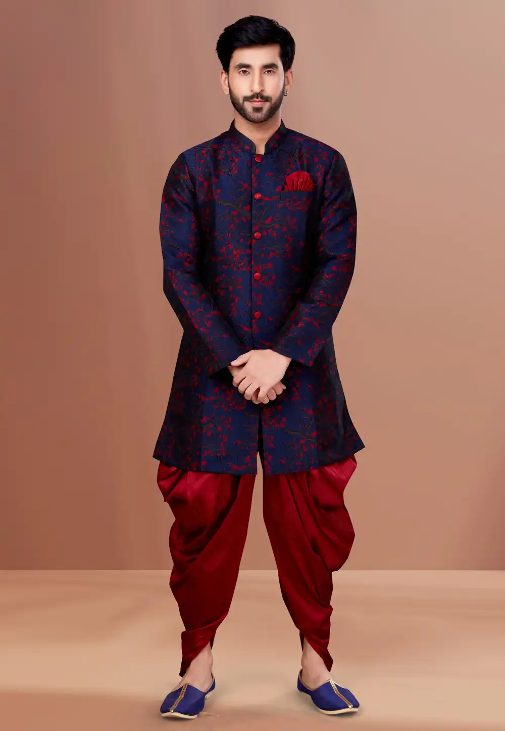 Navy Blue Jacquard Indo Western Suit 257847