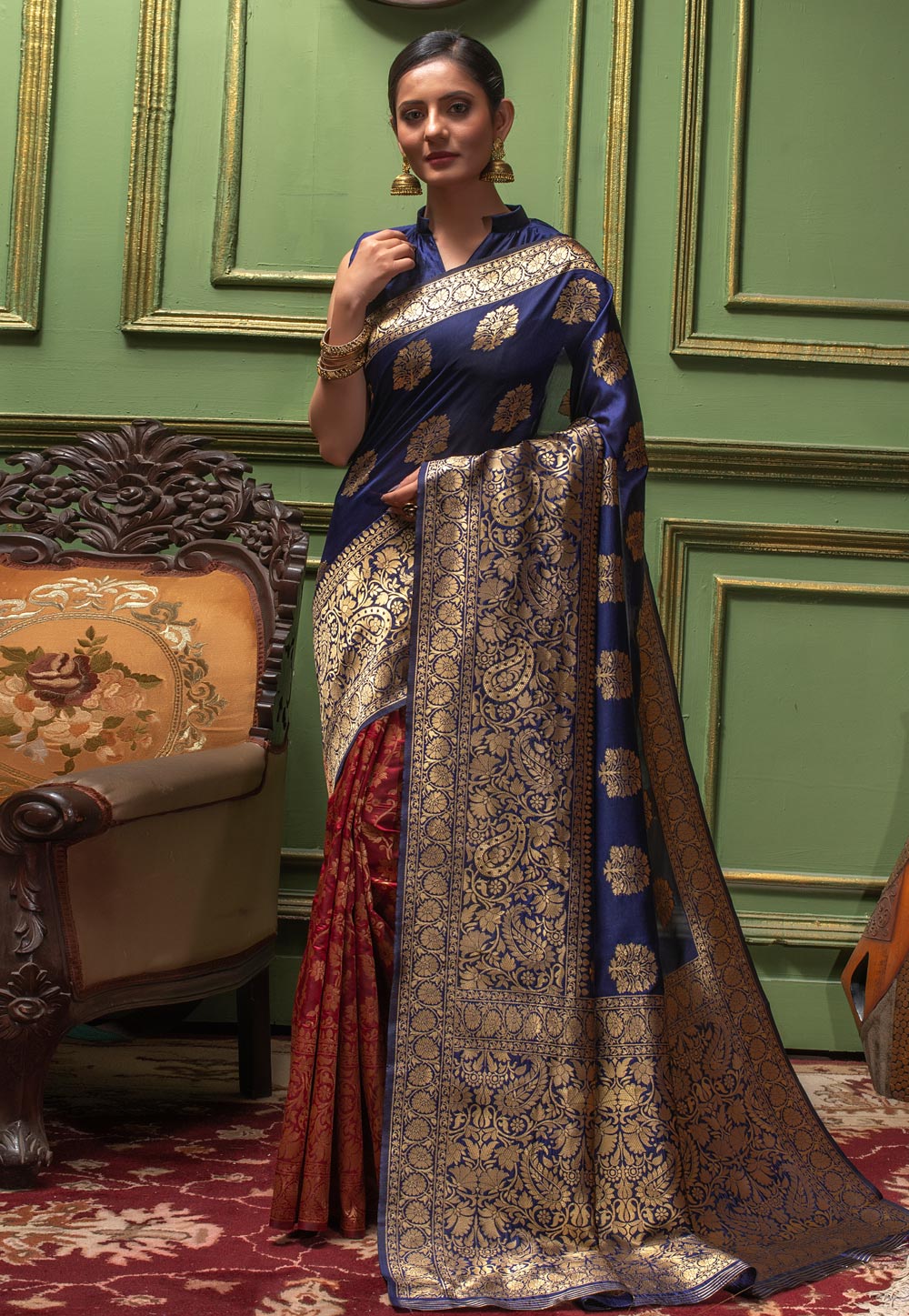 Navy Blue Banarasi Silk Half N Half Saree 228326