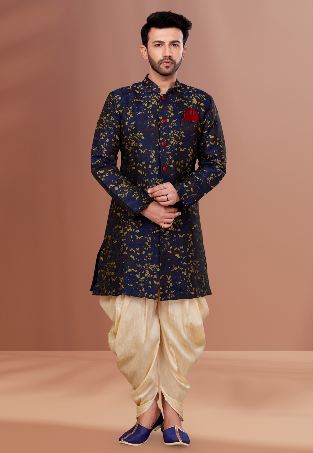 Navy Blue Jacquard Indo Western Suit 257848
