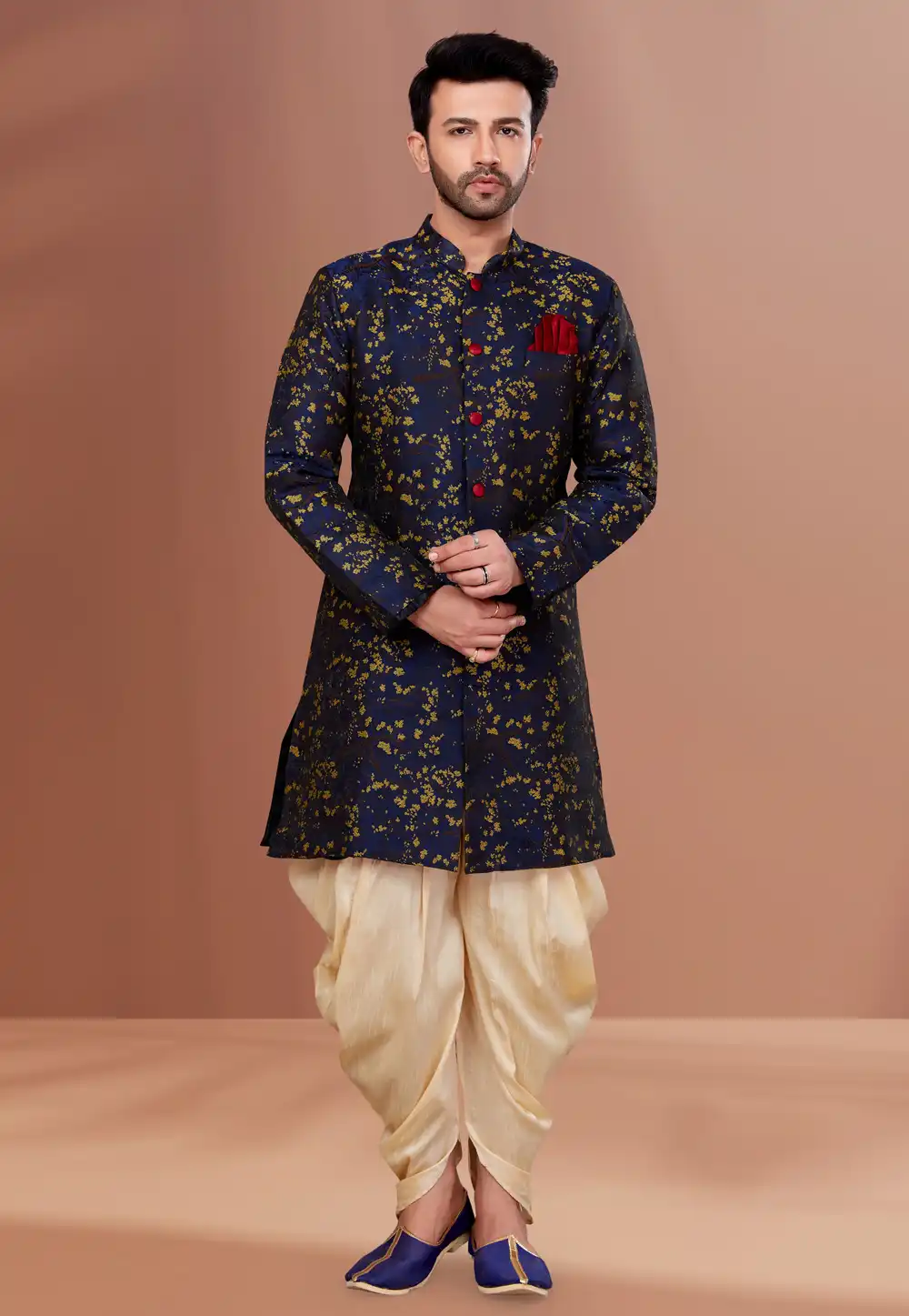 Navy Blue Jacquard Indo Western Suit 257848