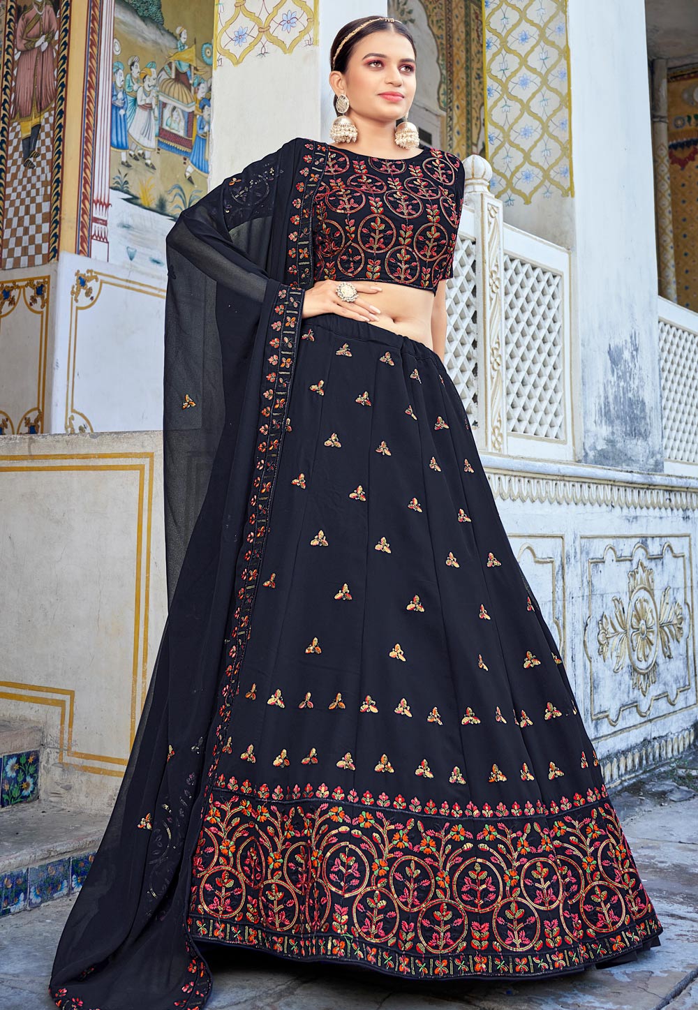 Navy Blue Georgette Circular Lehenga Choli  252732
